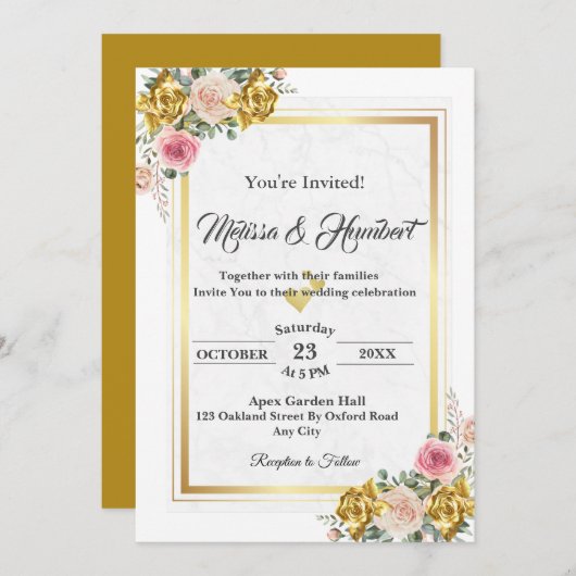 Elegantes Rosa, Rose Gold Eukalyptus Floral Weddin Einladung (Vorne/Hinten)