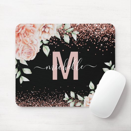 Elegantes Rosa Rose Gold Glitzer Monogramm Mousepad (Mit Mouse)