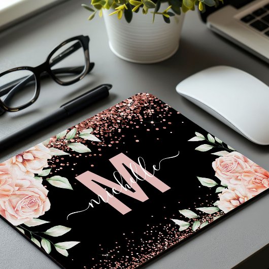 Elegantes Rosa Rose Gold Glitzer Monogramm Mousepad
