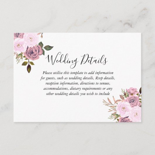 Elegantes Rosa & Rose Gold Hochzeitsempfang Detail Begleitkarte (Vorderseite)