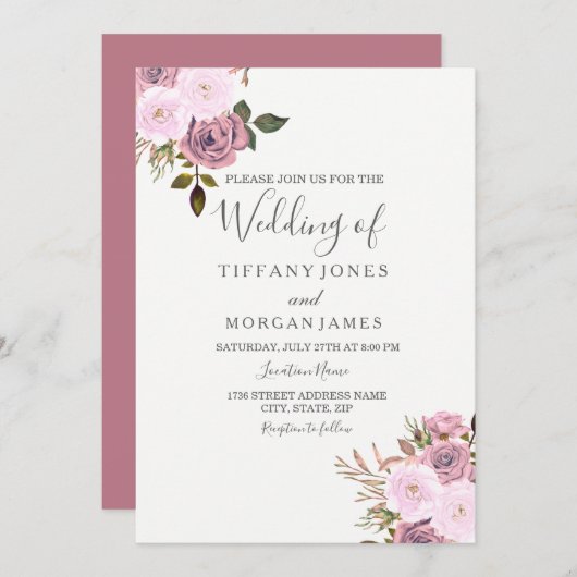 Elegantes Rosa & Rose Goldene Hochzeit Einladung (Vorne/Hinten)