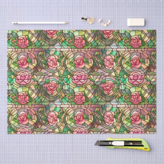 Elegantes rosa Rose Imitat gestanztes Glasmuster Seidenpapier (Handwerk)
