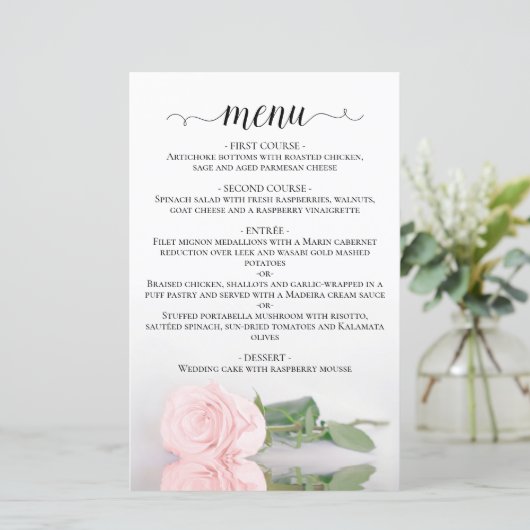 Elegantes, rosa Rose Menü für Hochzeiten (Stehend Vorderseite)