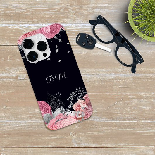Elegantes rosa Rose Silver Leaf Monogramm Case-Mate iPhone Hülle