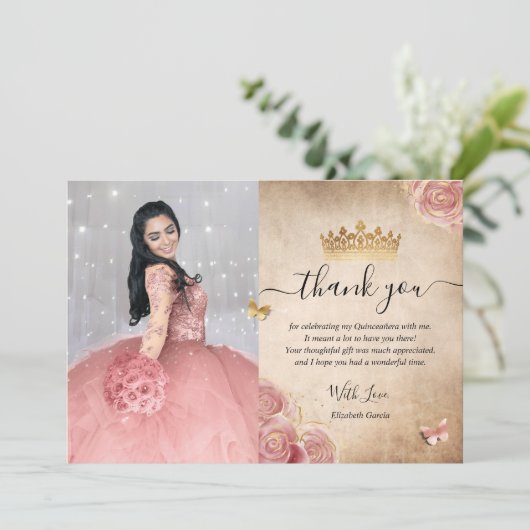 Elegantes Rosa Rose und Gold Quinceanera Foto Dankeskarte (Stehend Vorderseite)