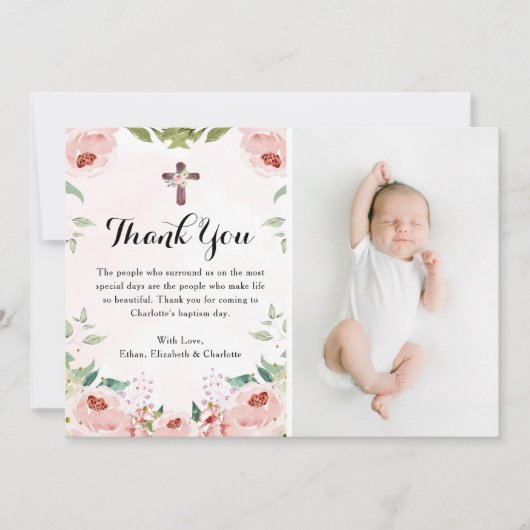 Elegantes, rosa Rosenbläschen Taufbecken Foto Dankeskarte (Vorderseite)