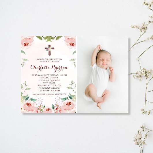 Elegantes, rosa Rosenbläschen Taufbecken Foto Einladung