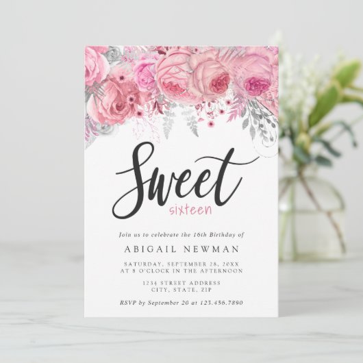 Elegantes Rosa Rosengold 16 . Geburtstag Einladung (Stehend Vorderseite)