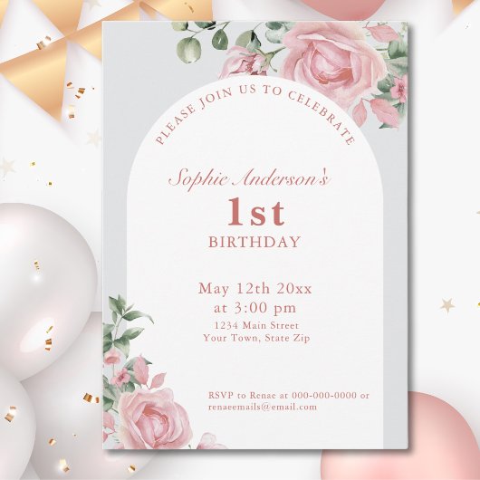 Elegantes Rosa Roses 1. Geburtstag Party Einladung