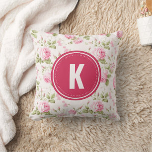 Elegantes rosa Roses Blume Muster Monogramm Kissen