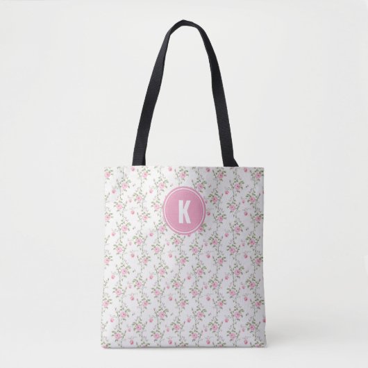 Elegantes rosa Roses Blume Muster Monogramm Tasche (Vorderseite)