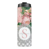 Elegantes rosa Roses Diamonds Monogram Thermosbecher (Vorderseite)