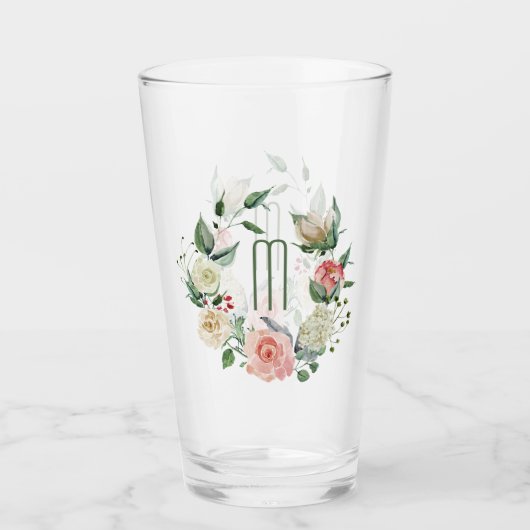 Elegantes rosa Rosewreath-Monogramm Glas (Vorderseite)