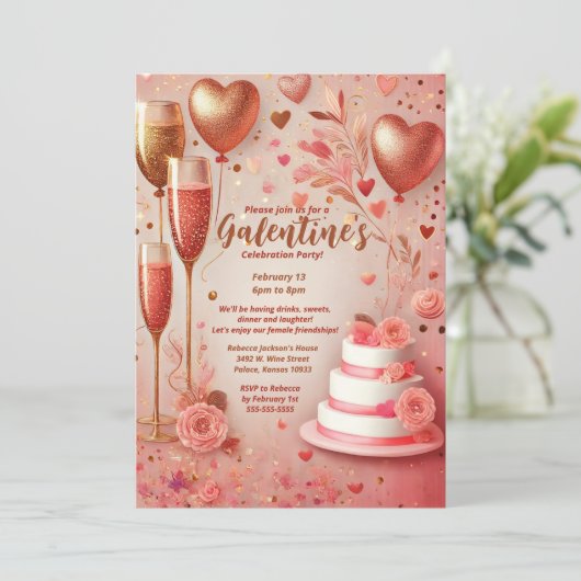 Elegantes Rosa Rote Champagner Galentine-Day-Party Einladung (Stehend Vorderseite)