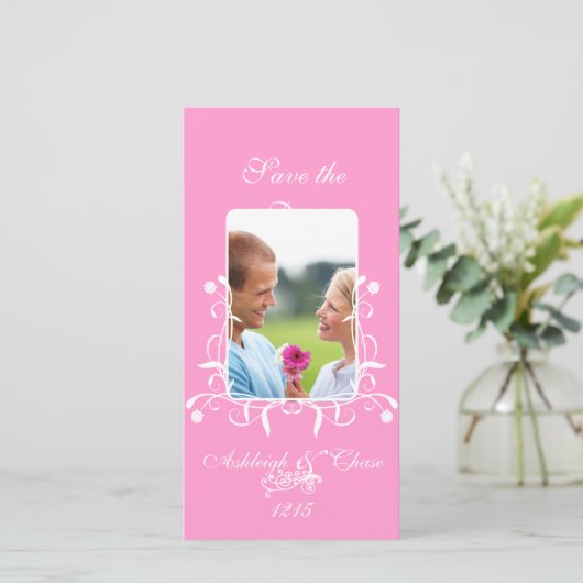 Elegantes Rosa Satin Rette das DateYour-Foto Save The Date (Stehend Vorderseite)