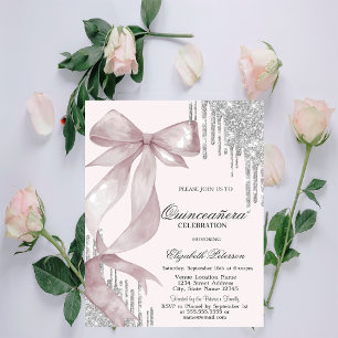 Elegantes Rosa Schleife Silber Glittertropfen Quin Einladung