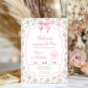 Elegantes rosa Schleifen Mädchen erster Geburtstag Einladung