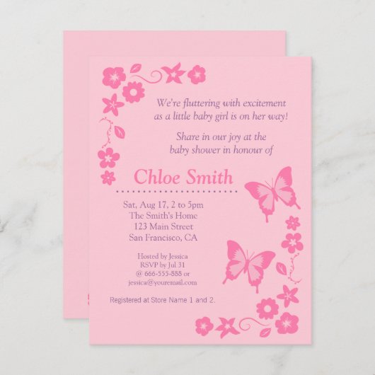 Elegantes rosa Schmetterlingsbabyduschen-Party Einladung (Vorne/Hinten)