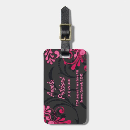 Elegantes Rosa Schwarz Abstrakt Blüten Personalisi Gepäckanhänger (Vorderseite vertikal)