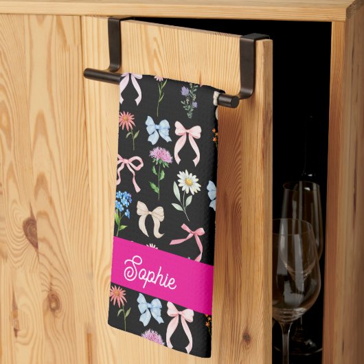 Elegantes Rosa-Schwarz-Blumenmuster mit Chic-Bow Geschirrtuch (Drittel gefaltet)