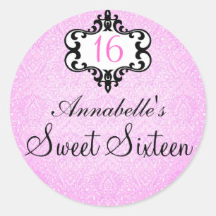 Elegantes Rosa & Schwarz Chic Damast Sweet 16 Aufk Runder Aufkleber