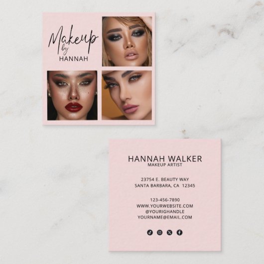 Elegantes Rosa Schwarz Schrift 3 Foto Make-up Quadratische Visitenkarte (Vorne/Hinten)