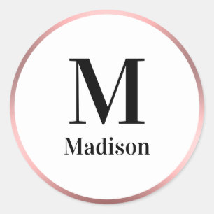 Elegantes rosa Schwarz-Weiß-Monogramm mit Name Runder Aufkleber