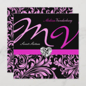 Elegantes rosa/schwarzes Damast-Monogramm 16. Einladung (Vorne/Hinten)