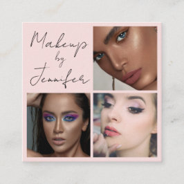 Elegantes, rosa Schwarzes Script 3 Foto Makeup Quadratische Visitenkarte