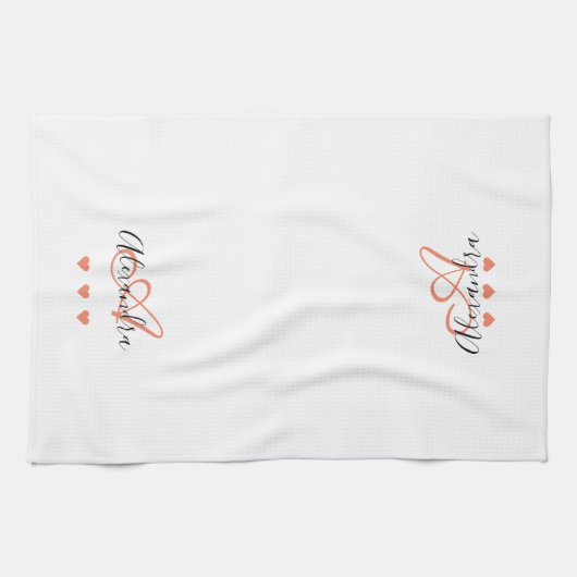 Elegantes rosa Schwarzes Skriptnamens Monogram Geschirrtuch (Horizontal)