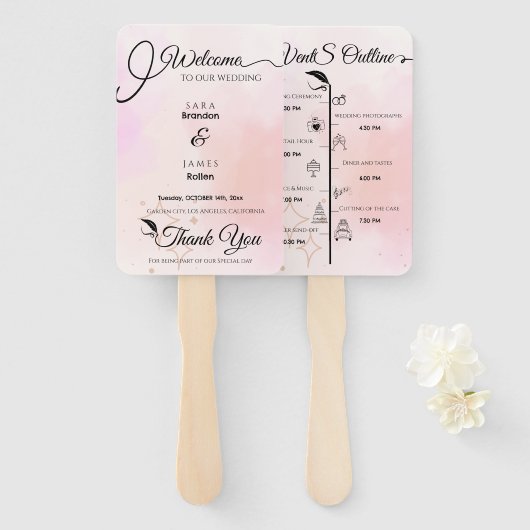 Elegantes rosa Script Wedding Program und Timeline Fächer (Vorne und Hinten)