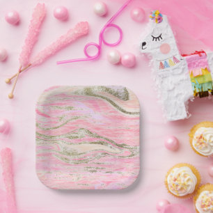 Elegantes rosa Silberner Glitzer Marmormuster Pappteller