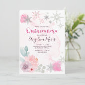 Elegantes Rosa Silver Winter Wonderland Quinceaner Einladung (Stehend Vorderseite)