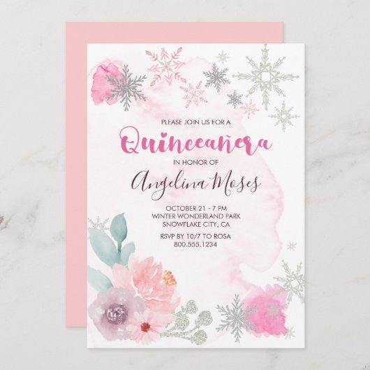 Elegantes Rosa Silver Winter Wonderland Quinceaner Einladung (Vorne/Hinten)