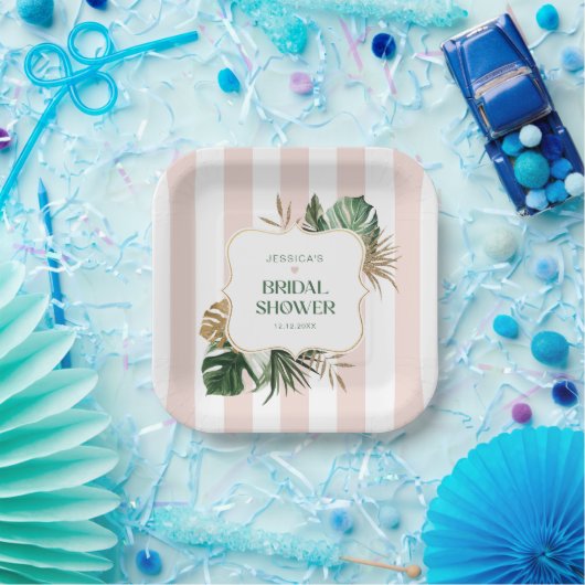 Elegantes rosa Streifen tropisches mädchenhaftes B Pappteller (Party)