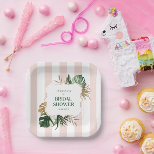 Elegantes rosa Streifen tropisches mädchenhaftes B Pappteller (Party)