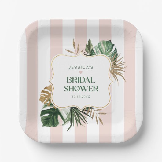 Elegantes rosa Streifen tropisches mädchenhaftes B Pappteller (Vorderseite)