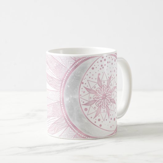 Elegantes rosa Sun Moon Doodle Mandala Weißes Desi Kaffeetasse (VorderseiteRechts)