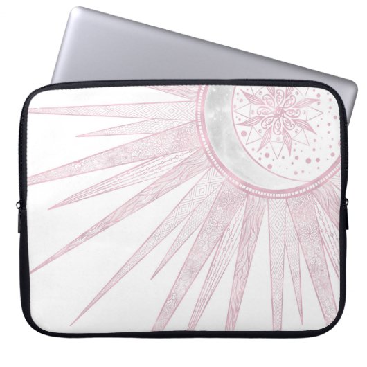 Elegantes rosa Sun Moon Doodle Mandala Weißes Desi Laptopschutzhülle (Vorderseite)