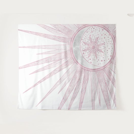 Elegantes rosa Sun Moon Doodle Mandala Weißes Desi Wandteppich (Vorderseite (Horizontal))