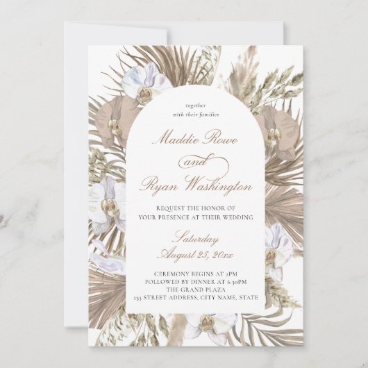 Elegantes Rosa & Tan Boho Pampas Blumenarchenhof Einladung (Vorderseite)