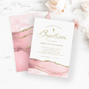 Elegantes Rosa Tor mit Gold Cross Taufe Einladung