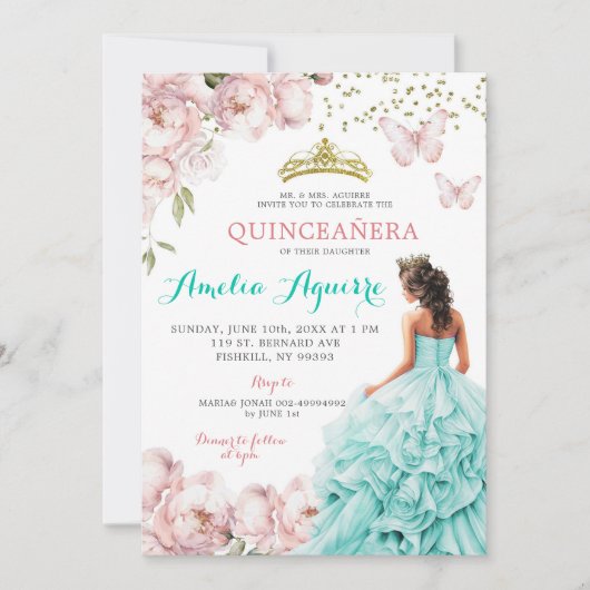 Elegantes Rosa und Aquamarine Quinceñera Einladung (Vorderseite)
