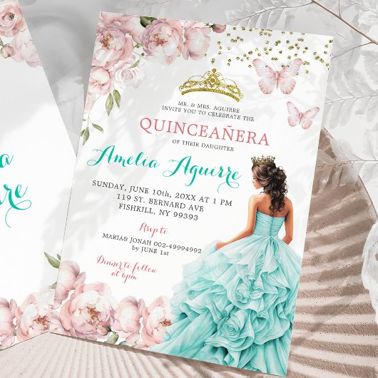 Elegantes Rosa und Aquamarine Quinceñera Einladung