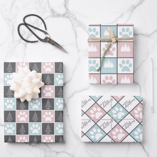 Elegantes, rosa und blaue Pfoten bedrucktes Weihna Geschenkpapier Set (Vorderseite)