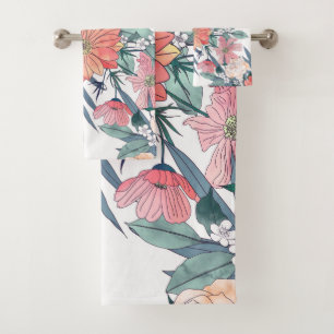 Elegantes rosa und blaues Aquarell Blumendesign Badhandtuch Set
