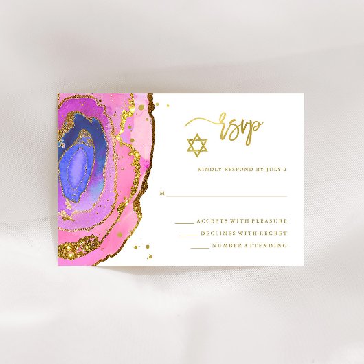 Elegantes Rosa und Blue Geode mit Gold Bat Mitzvah RSVP Karte