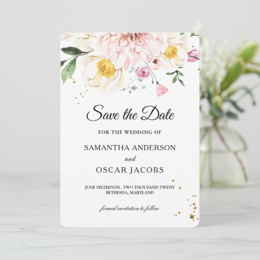 Elegantes Rosa und Gelb Wasserfarben Save The Date (Stehend Vorderseite)