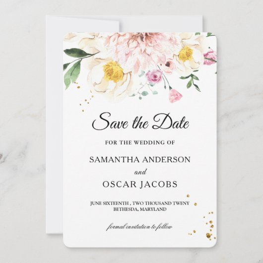 Elegantes Rosa und Gelb Wasserfarben Save The Date (Vorderseite)
