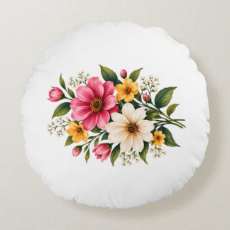 Elegantes rosa und gelbes Blumenbouquet Botanisch Rundes Kissen